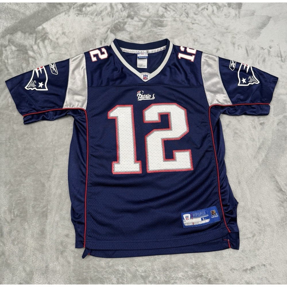 New England Patriots Football Jersey Youth Large Blue NFL Reebok Tom Brady 12